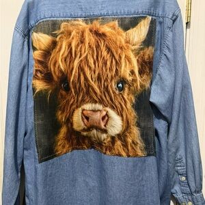 Denim Shirt with Highland Cow Back Patch - Blue and Brown